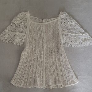 Free People Boho Crochet Fringe Knit Top Cream SP Festival Cottagecore Summer